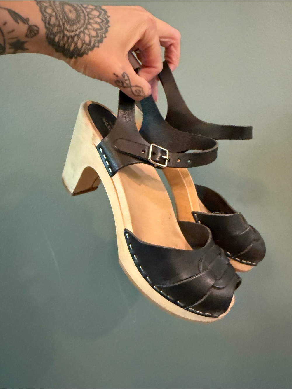 Swedish Hasbeens Black Peep Toe Clog Sandals size 8 - Picture 2 of 11